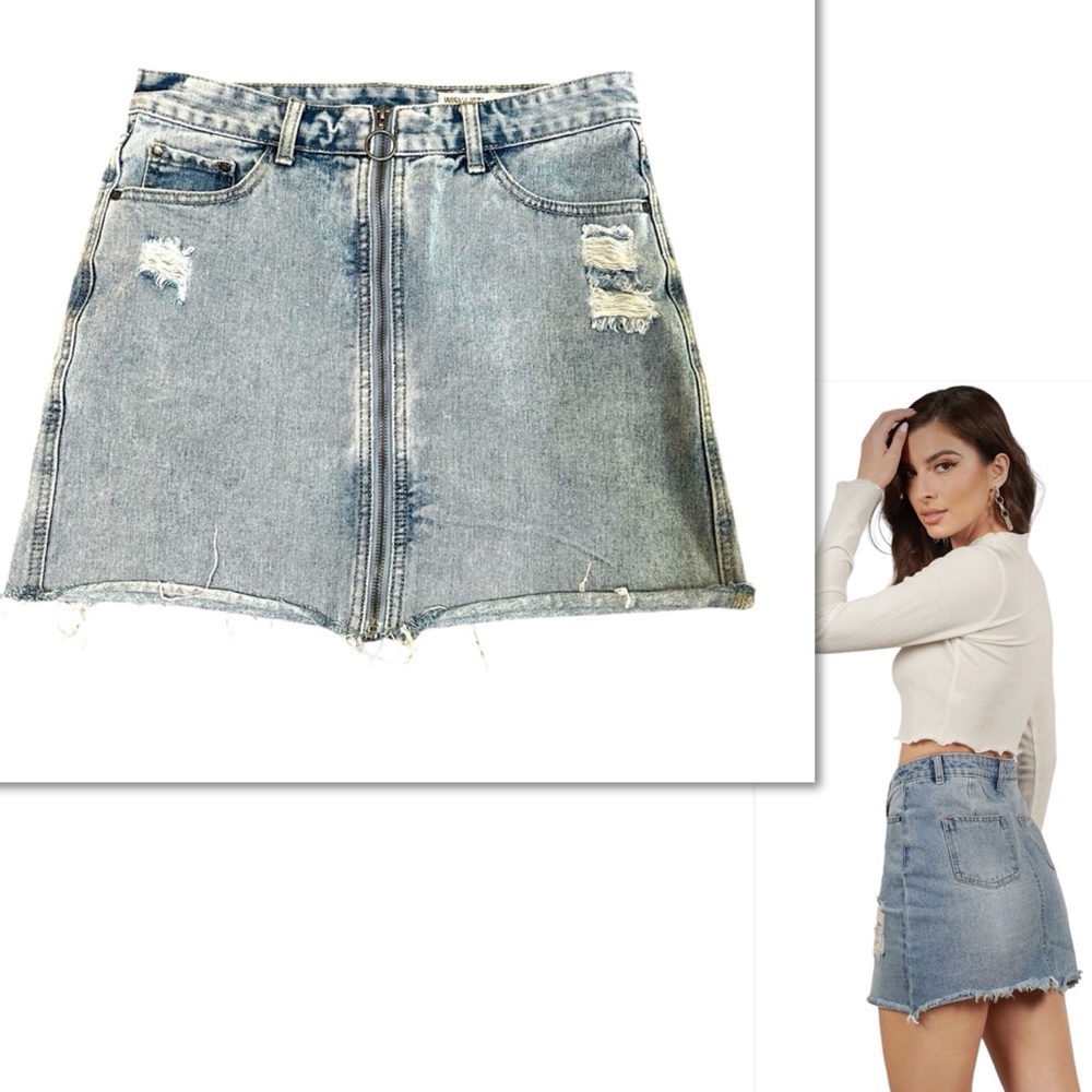 Wish List jean Zip-front Denim Mini Skirt washed Light blue ripped Raw Hem SZ L